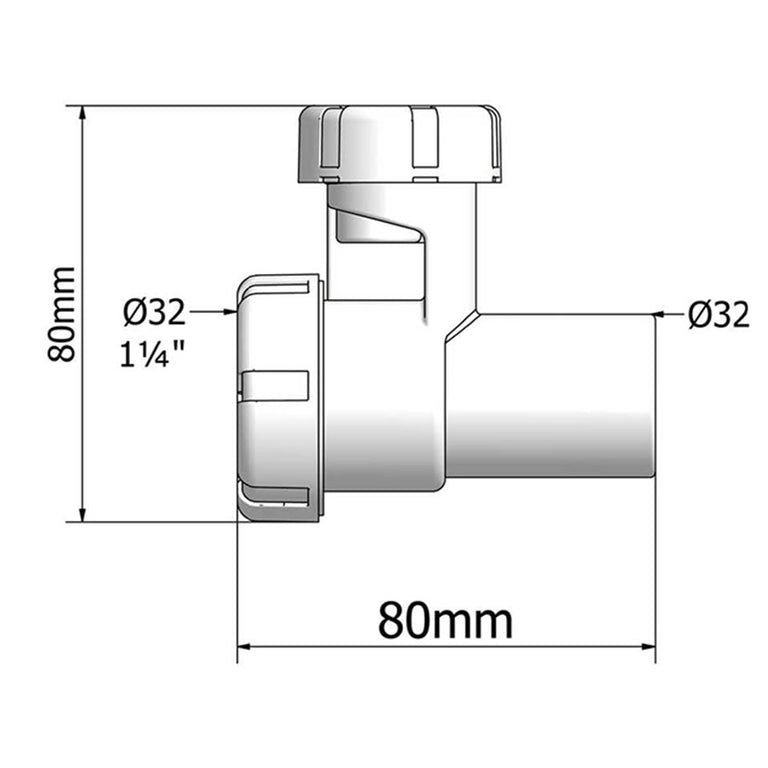 Plano de medidas para válvula de aireación Tecnoagua T-245 de 32mm y 1 1/4 pulgadas.