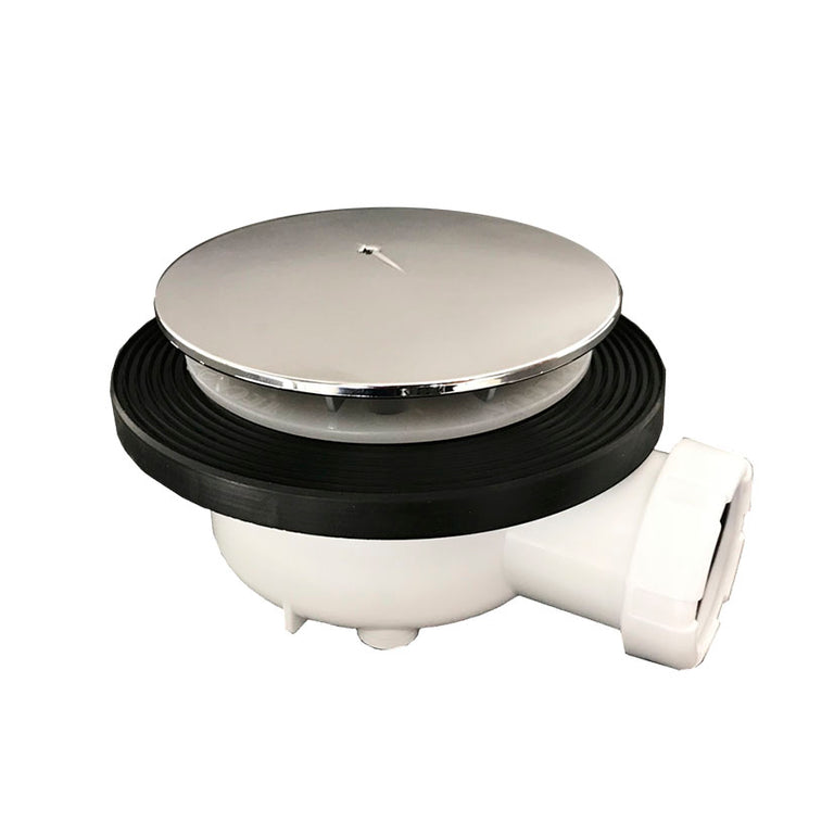 Válvula de desagüe para plato de ducha Tecnoagua con embellecedor cromado y cuerpo de polipropileno blanco.