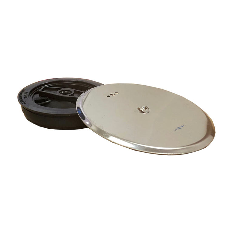 Tapa expansiva para bote sifónico TECNOAGUA T-89 con acabado en acero inoxidable y base de goma negra.