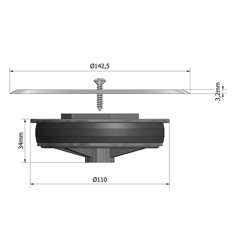 Diagrama técnico con cotas de la tapa T-89: diámetro tapa 142,5mm y diámetro cuerpo 110mm.