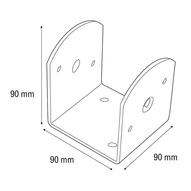 Dimensiones técnicas soporte viga U 90x90x90 mm para pérgolas