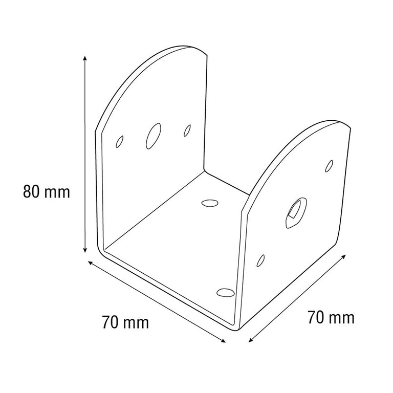 Plano de medidas soporte viga U dimensiones 70x70x80 mm