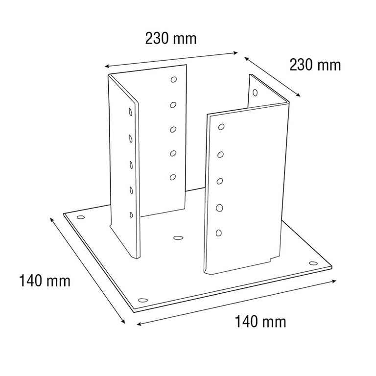 Plano de dimensiones para soporte de poste de madera reforzado con base de acero y acabado anticorrosión.