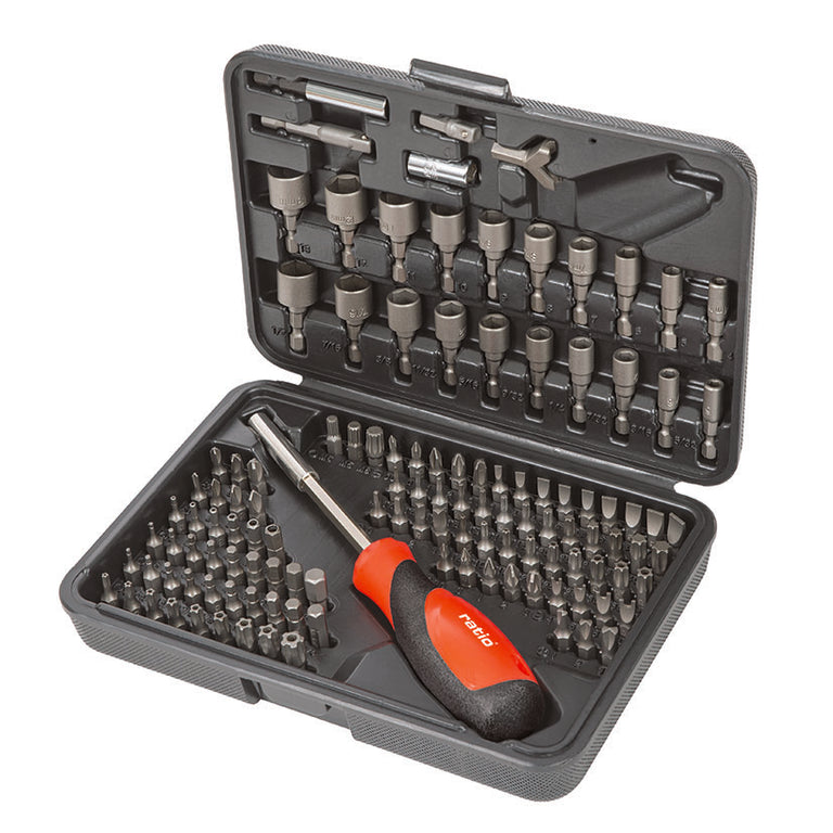 Maletín abierto RATIO 6642 con 122 puntas de seguridad, vasos y mango ergonómico en acero cromo-vanadio.