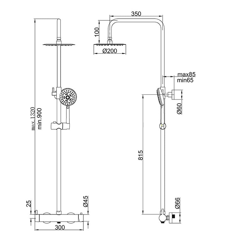 Plano técnico con dimensiones detalladas de la columna de ducha telescópica BOET Tubular