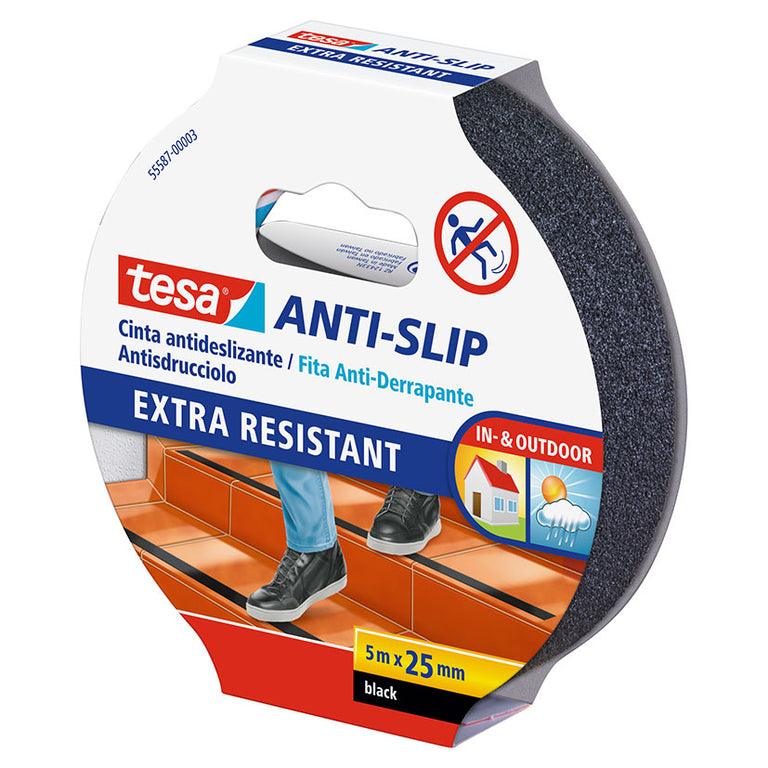 Pack de cinta antideslizante TESA Extra Resistant 5m x 25mm para uso en interiores y exteriores.