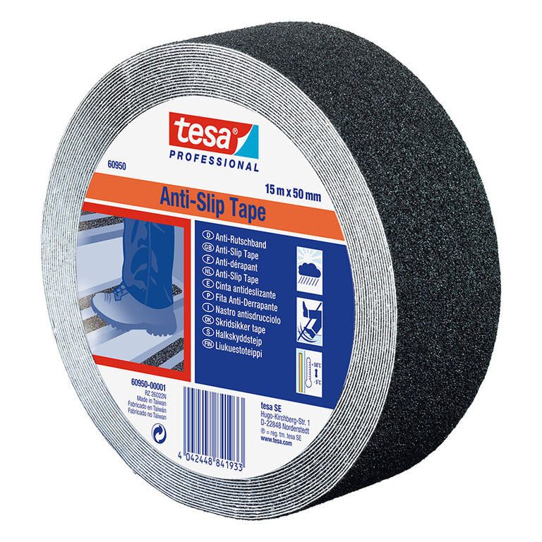 Rollo de cinta antideslizante TESA Professional 60950 negra de 15m x 50mm para seguridad en suelos.