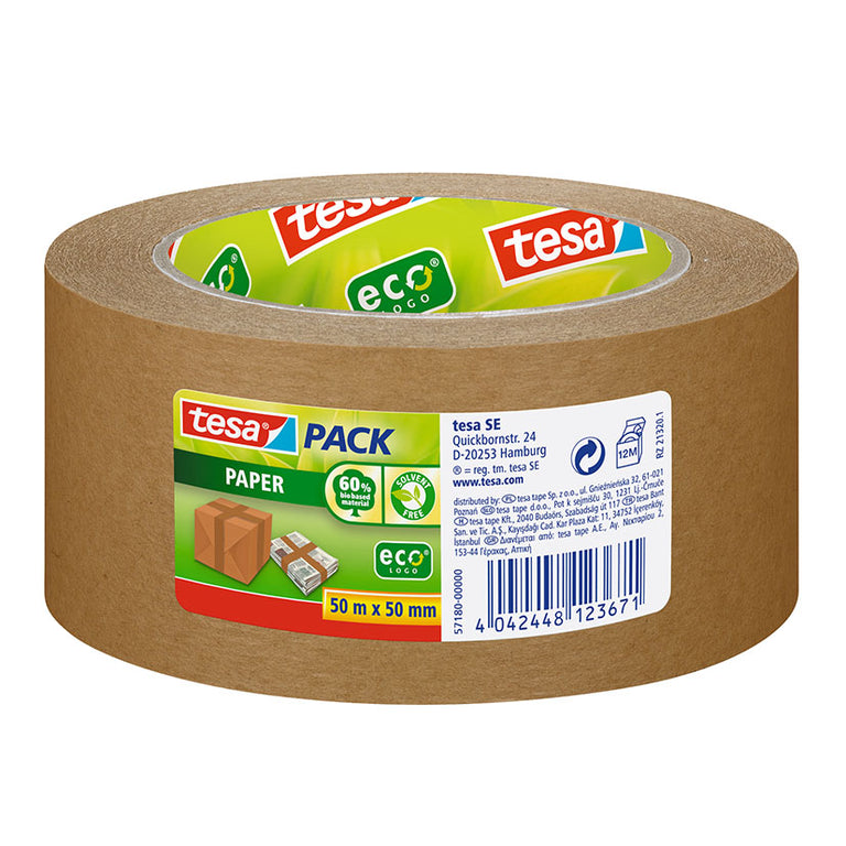 Rollo de cinta de embalaje de papel TESA ecoLogo de 50m x 50mm color marrón natural.