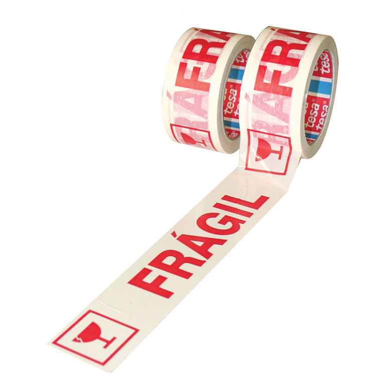 Cinta de embalaje tesa 60089 blanca con texto FRÁGIL en rojo e icono de copa rota, rollo de 66m x 50mm.