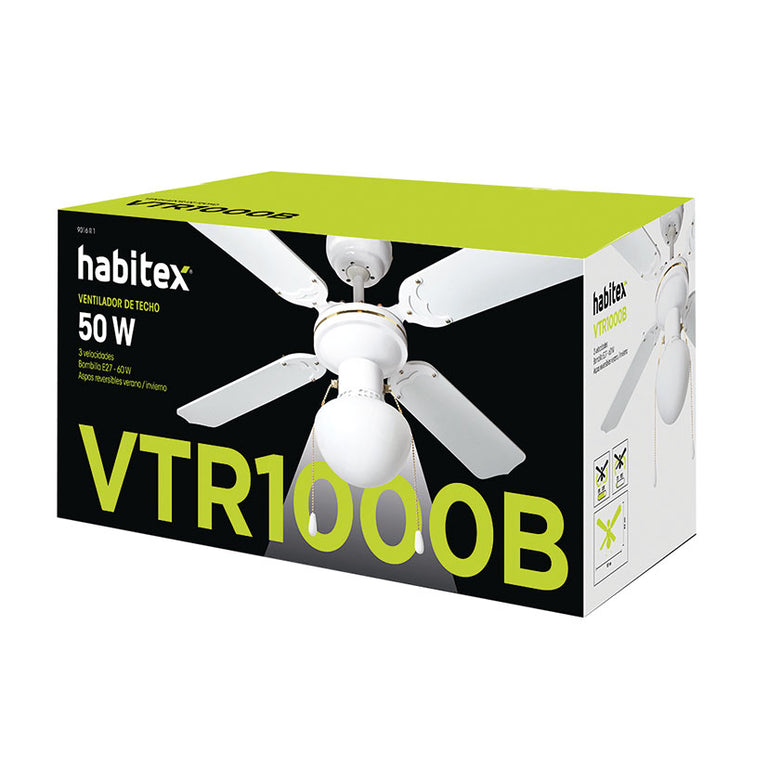 Caja del producto ventilador de techo Habitex VTR-1000B de 50W con especificaciones técnicas.