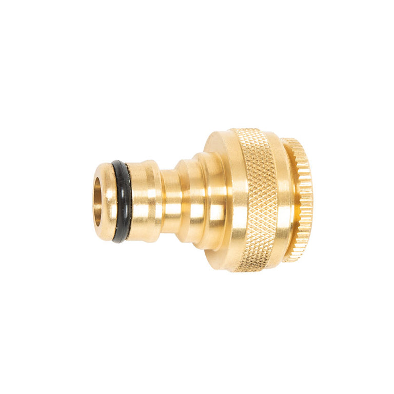 Conector rápido de latón para manguera con junta de goma negra para evitar fugas de agua.