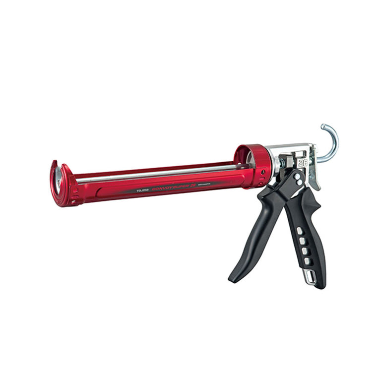 Pistola de silicona profesional TAJIMA Convoy Super 26 roja con mango ergonómico y relación de empuje 26:1.