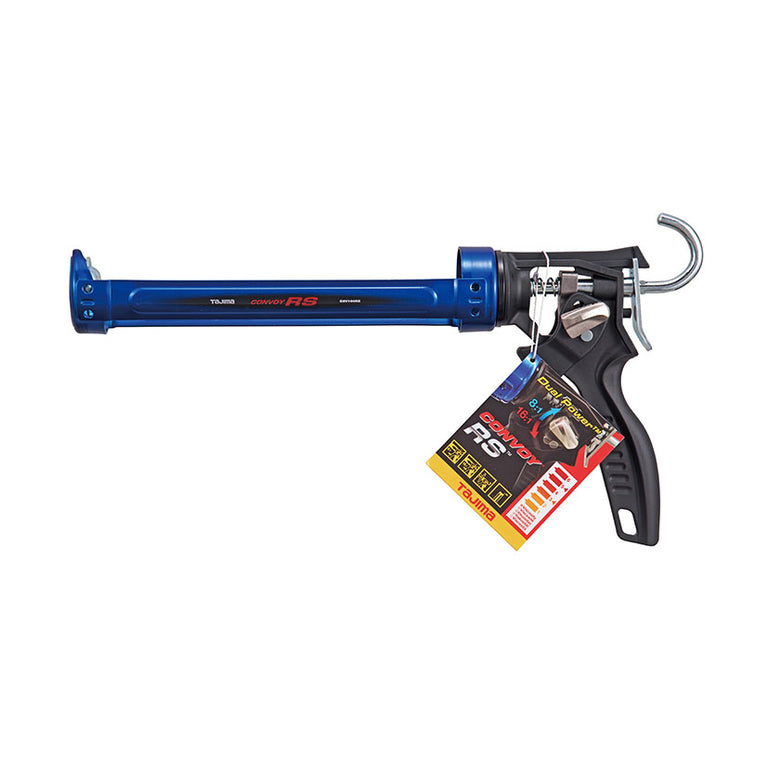 Pistola selladora Tajima Convoy RS con etiqueta informativa del sistema Dual Power 8:1 y 16:1.