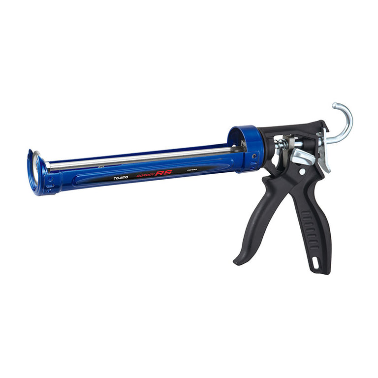 Pistola de silicona profesional Tajima Convoy Super RS azul con mango ergonómico negro y sistema de empuje.