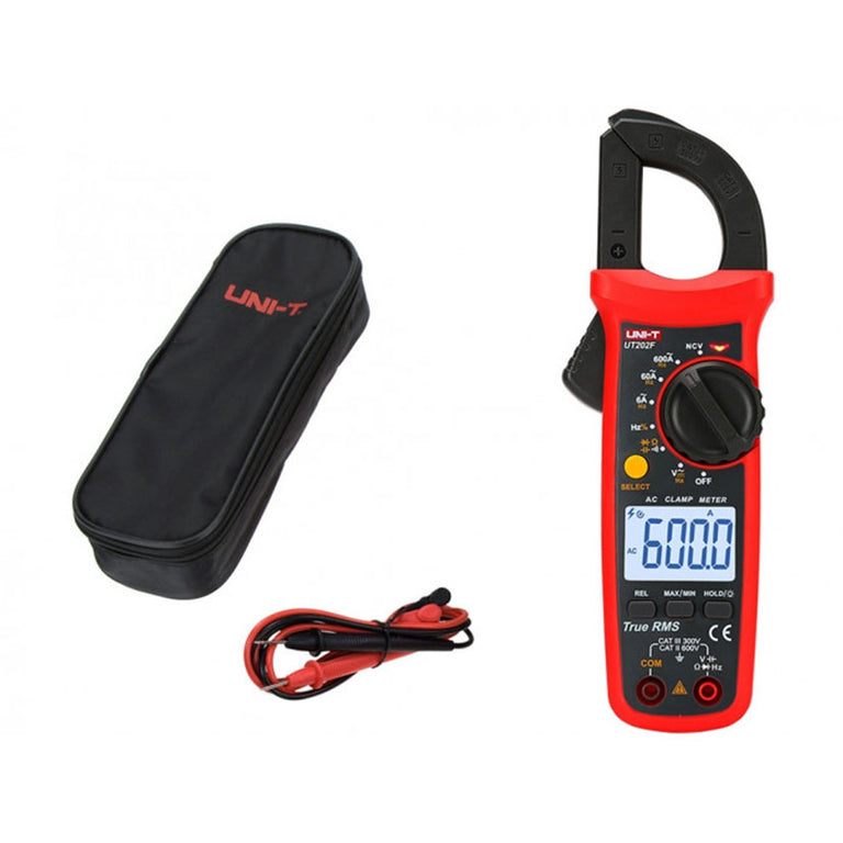 Kit de electropinza Silver UT202F con cables de prueba profesionales y estuche de transporte negro con cremallera.