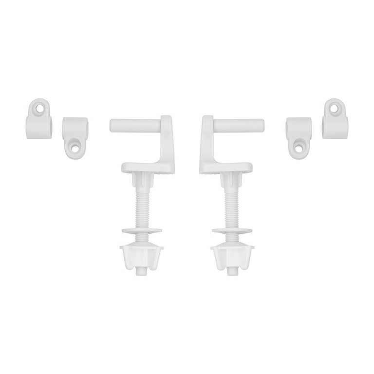 Despiece de kit de bisagras de nylon blanco para instalación de tapa WC Roca Victoria.