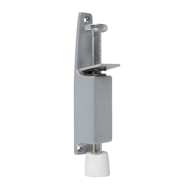 Retenedor de puerta de pedal EHL en acabado plata con muelle y tope de goma blanca