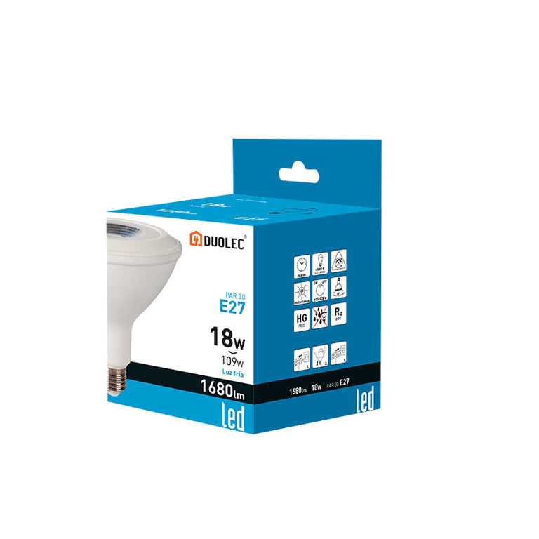 Embalaje bombilla LED PAR38 DUOLEC 18W luz fría 6500K color azul