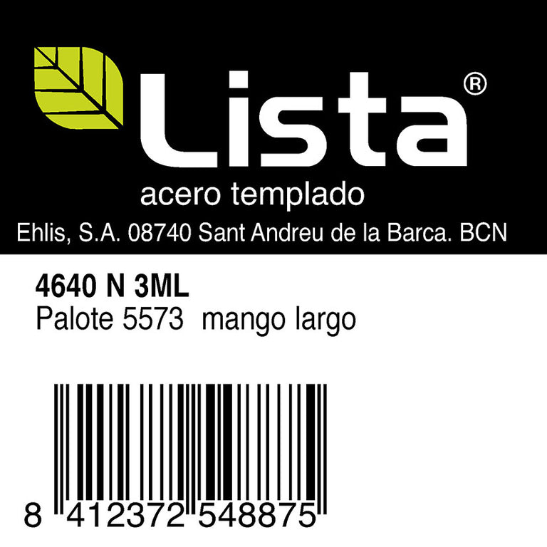 Detalle de etiqueta del palote LISTA 4640 N 3ML mango largo con especificaciones.