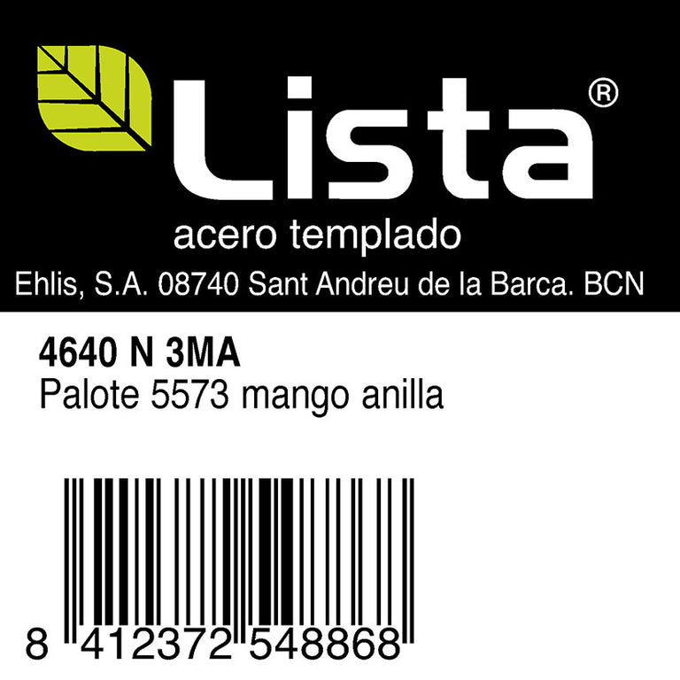 Detalle de etiqueta del palote LISTA 4640 N 3MA mango anilla con código EAN.