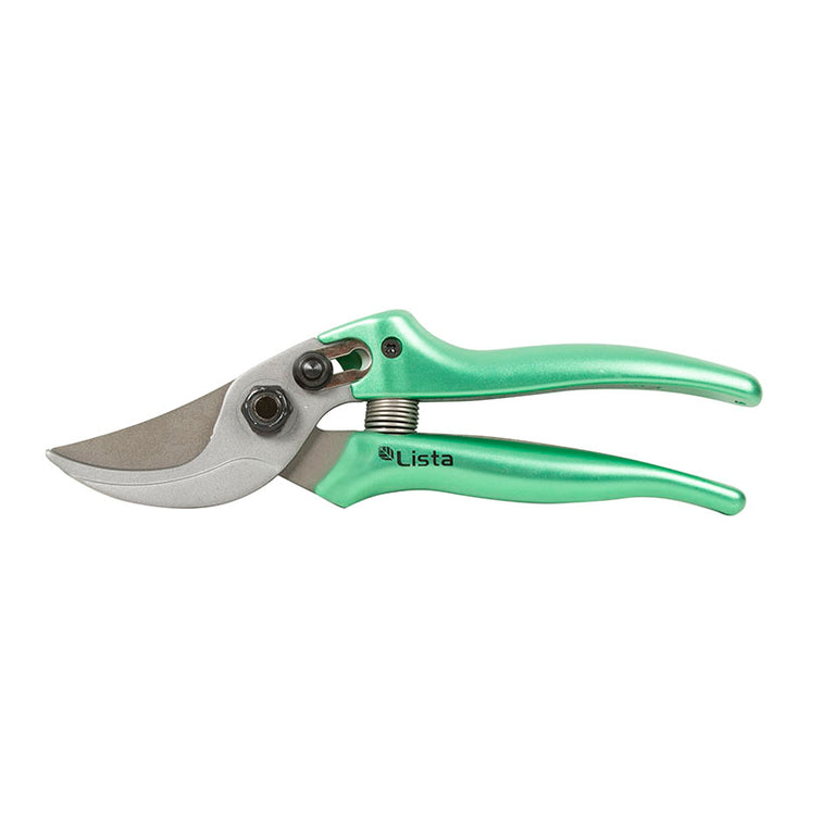 Tijera de poda LISTA Metallic verde con cuchillas de acero SK-5 y mango ergonómico ABS.