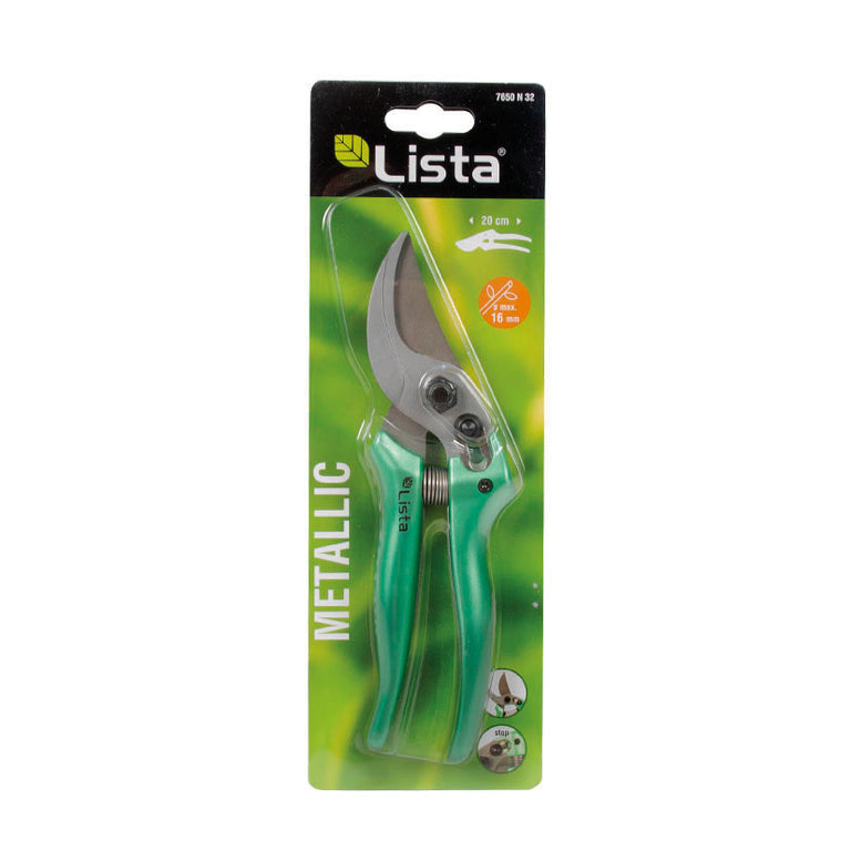 Presentación en blíster de la tijera de podar LISTA Metallic de 20 cm con capacidad de corte de 16 mm.