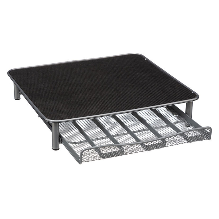 Soporte metálico para cafetera con cajón extraíble para cápsulas de café en color gris y negro.