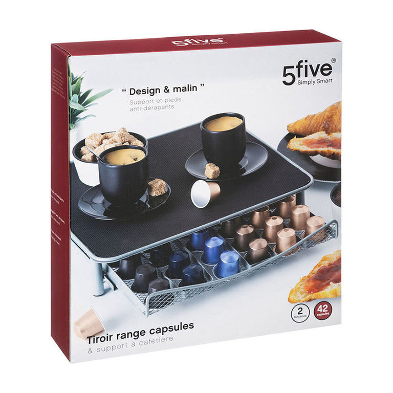 Caja del producto 5five mostrando el soporte con cafetera y capacidad para 42 cápsulas de café.