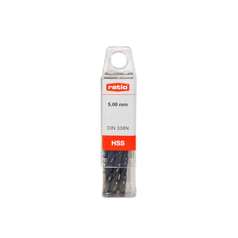 Pack de brocas para metal RATIO en estuche de plástico transparente con etiqueta técnica DIN 338N.