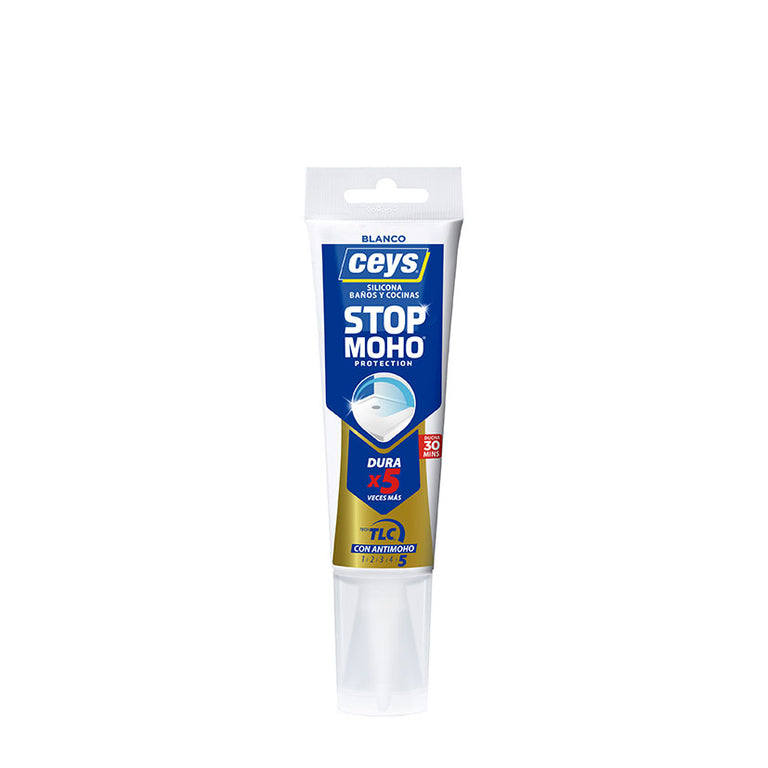 Silicona CEYS Stop Moho blanca en formato tubo de 125ml con tecnología antimoho.