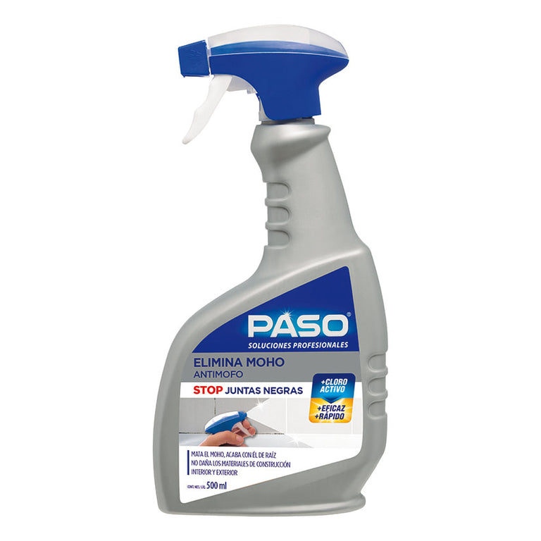 Limpiador antimoho PASO de 500ml con pulverizador para eliminar moho de raíz y blanquear juntas en baños y cocinas.