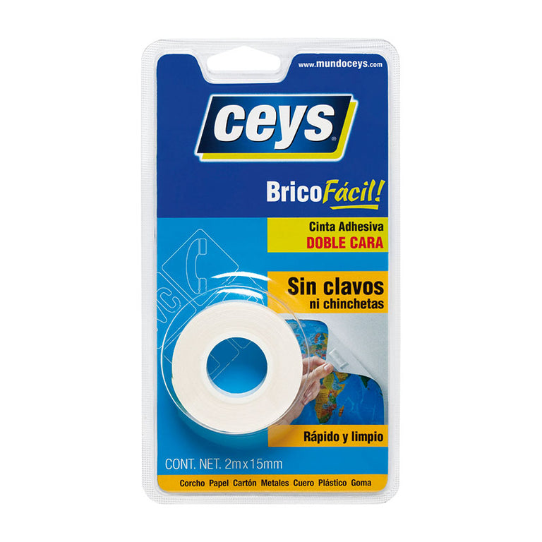 Cinta adhesiva de doble cara Ceys BricoFácil 2m x 15mm para fijación sin clavos en diversos materiales.