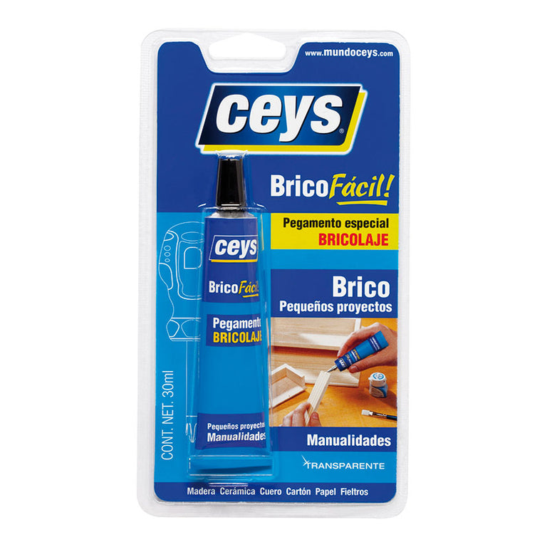 Blíster de pegamento universal CEYS Bricofácil de 30ml transparente para madera, cerámica, cuero y manualidades