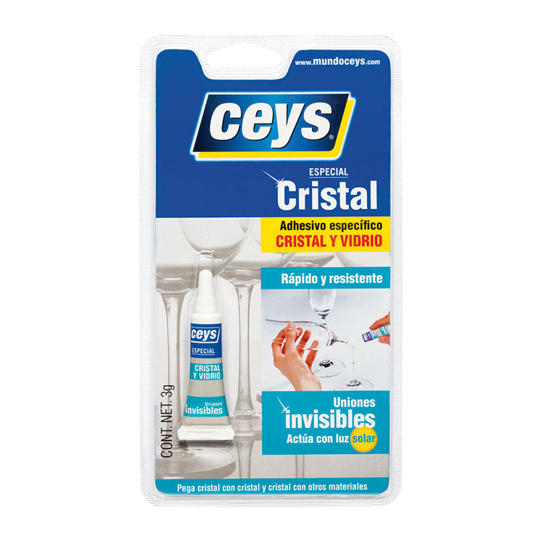 Adhesivo CEYS Especial Cristal 3g para uniones invisibles y rápidas en vidrio y metal mediante luz solar