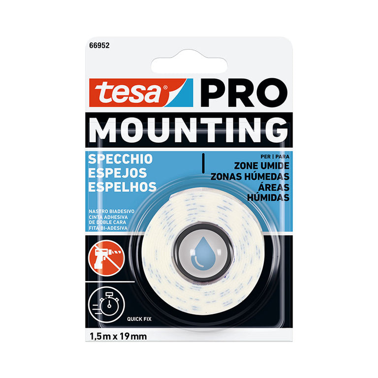 Cinta adhesiva de doble cara tesa PRO MOUNTING para espejos en zonas húmedas, formato 1,5m x 19mm.