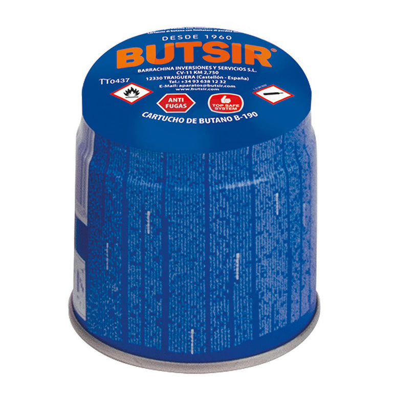 Cartucho de gas butano Butsir B-190 de 190g con sistema anti-fugas Top Safe para sopletes y hornillos.