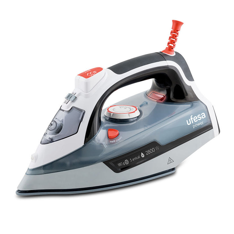 Plancha de vapor UFESA PV3285 Power 2800W en color blanco y gris con detalles en rojo.