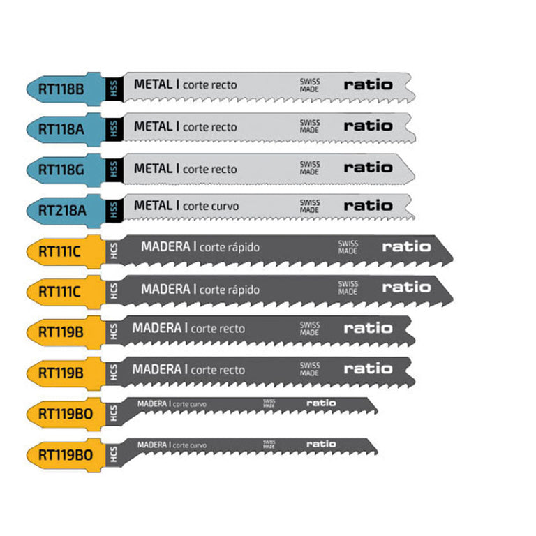 Detalle de las 10 hojas de sierra de calar RATIO ProSeries para madera y metal con códigos de referencia.