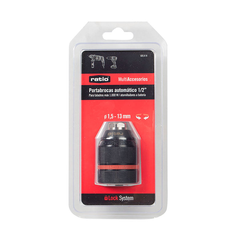 Empaque blister del portabrocas RATIO 6814H con especificaciones técnicas y sello Lock System.