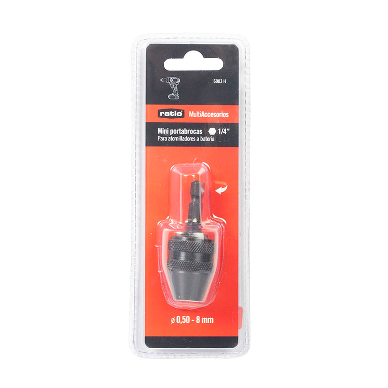 Embalaje original del mini portabrocas RATIO 6903H para atornilladores de batería.