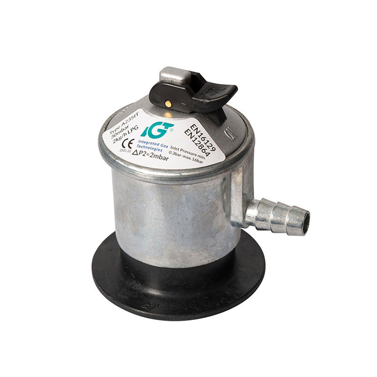 Regulador de gas butano y propano IGT A235IT con boquilla de salida y palanca de seguridad