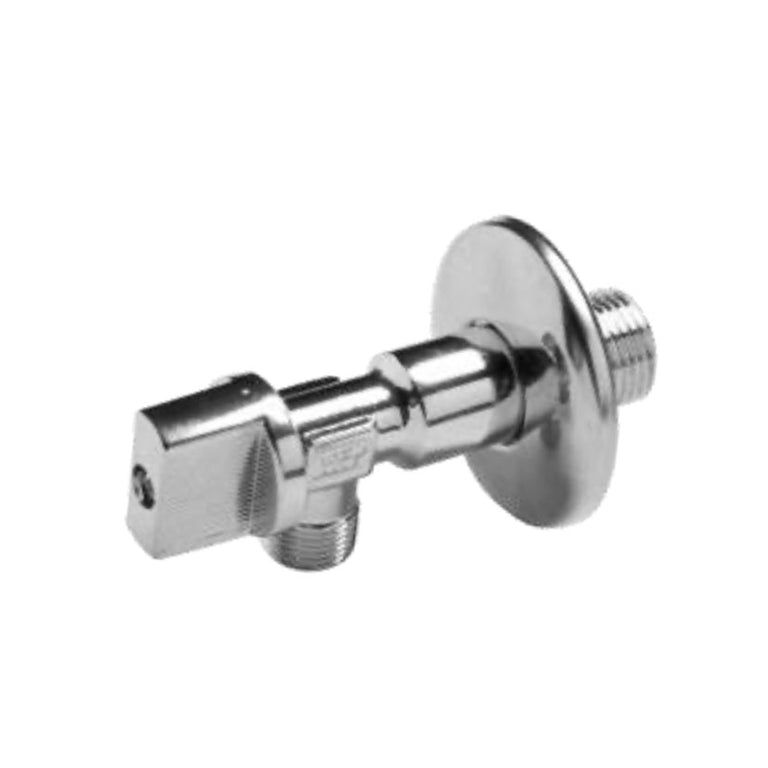 Llave de escuadra MT 1/2 x 1/2 de latón cromado con mando cuadrado y florón de acero inoxidable