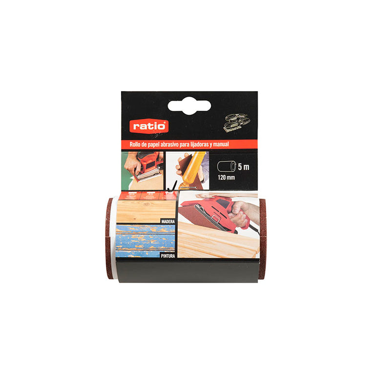 Packaging del rollo de papel abrasivo RATIO de 5 metros por 120mm para madera y pintura.