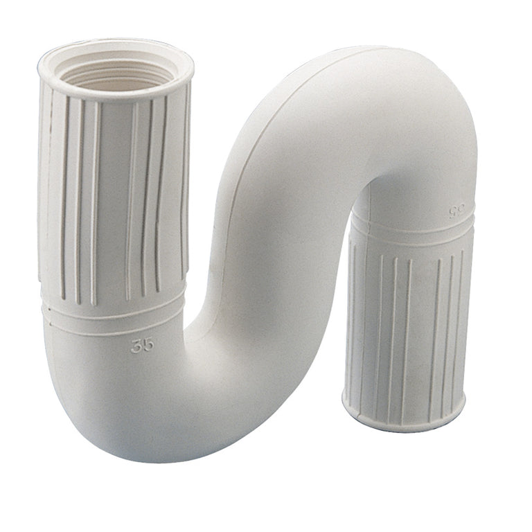 Sifón flexible cerrado HABITEX de PVC blanco con diseño en forma de S para evitar olores.