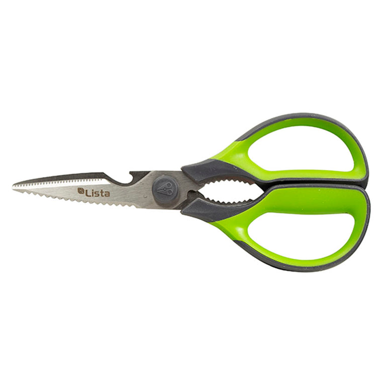 Tijera multiusos LISTA de 22 cm con hojas de acero inoxidable dentadas y mango ergonómico verde y gris.