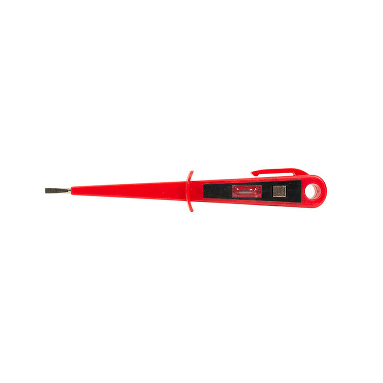 Destornillador buscapolos RATIO 1665 rojo con punta plana y visor de neón para detección de tensión 100-250V.