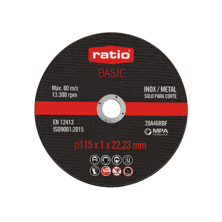 Vista frontal de un disco de corte RATIO Basic de 115x1 mm con especificaciones técnicas.