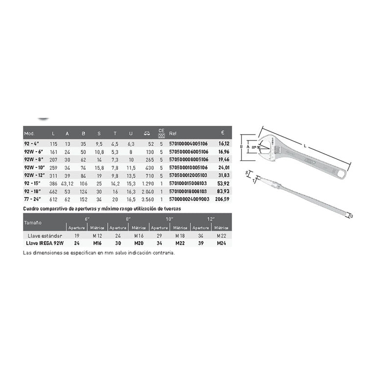 Llave Ajustable IREGA 92W: Ingeniería Profesional de 4" a 15"