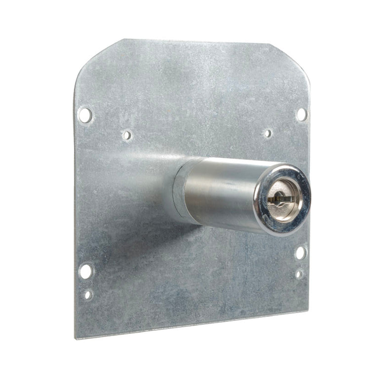 Cilindro para cerradura de sobreponer MOIA Serie 400 en acero niquelado con placa de montaje.
