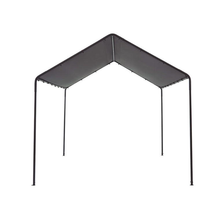 Vista frontal de pérgola de jardín con techo a dos aguas asimétrico en gris